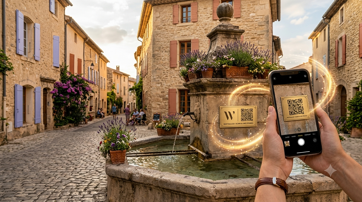 A visitor scanning a Waytale QR code beside a fountain in a historic stone village